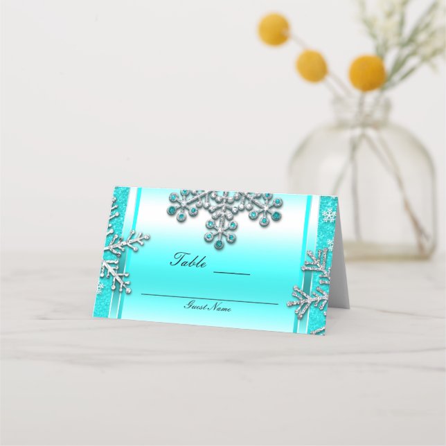 Teal Glitter Glam Winter Wonderland Table Number Place Card (Back)