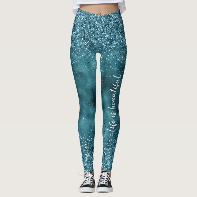 Teal Glitter Glitz sparkle glam personalised quote Leggings (Front)