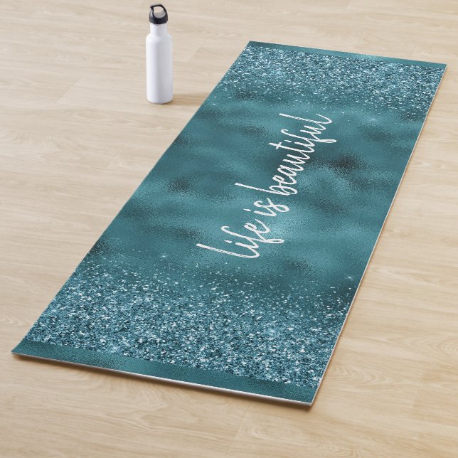Teal Glitter Glitz sparkle glam personalised quote Yoga Mat (In Situ)