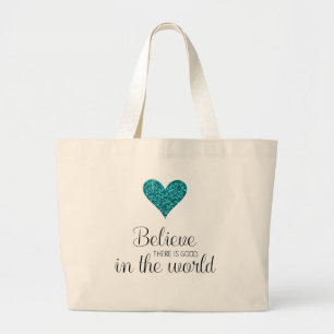 Teal Glitter Heart Inspirational Large Tote Bag