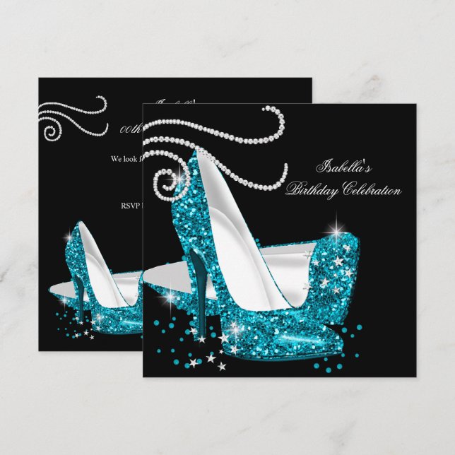 Teal Glitter High Heels Black Birthday Party Invitation (Front/Back)