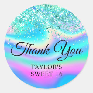 Teal Glitter Iridescent Rainbow Sweet 16 Thank You Classic Round Sticker