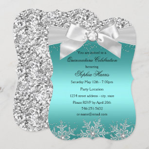 Teal Glitter Jewel Bow Snowflake Quinceanera Invitation