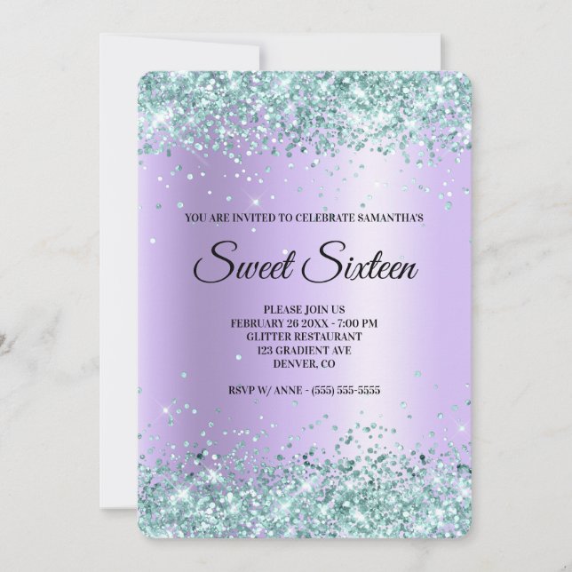 Teal Glitter Lavender Satin Foil Sweet Sixteen Invitation (Front)