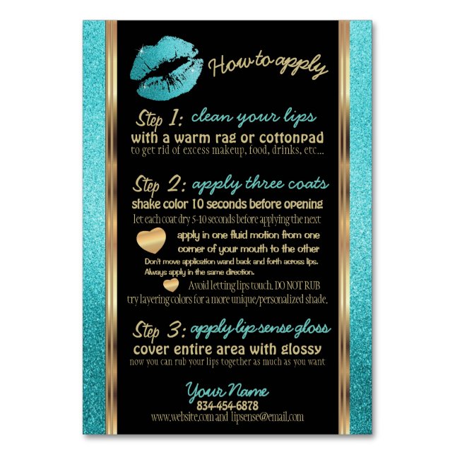 Teal Glitter Lip How to Apply Instructions Table Number (Front)