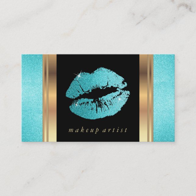 Teal Glitter Lips and Elegant Gold Business Card (Front)