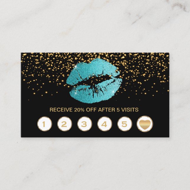 Teal Glitter Lips Loyalty Cards on Black (Front)
