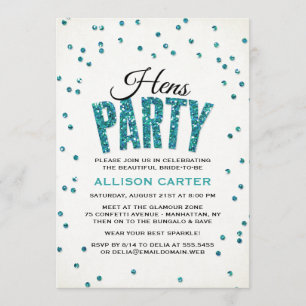Teal Glitter Look Confetti Hens Party Invitation