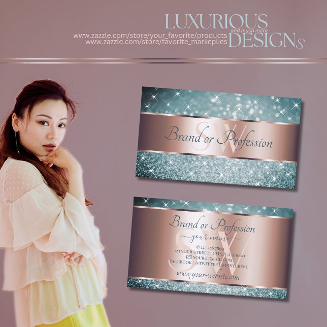 Teal Glitter Luminous Stars Monogram Rose Gold Business Card (Creator Uploaded)