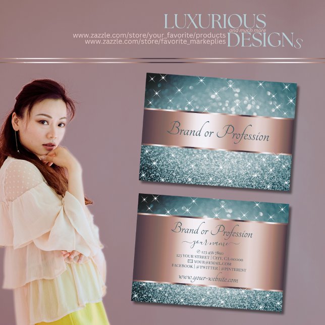 Teal Glitter Luminous Stars Rose Gold Decoration Business Card (Creator Uploaded)
