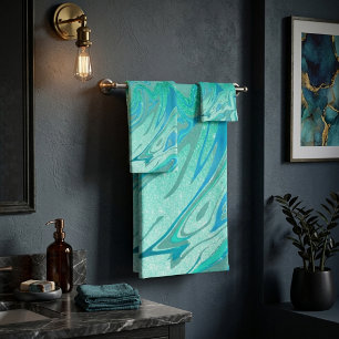 Teal glitter marble bath towel set