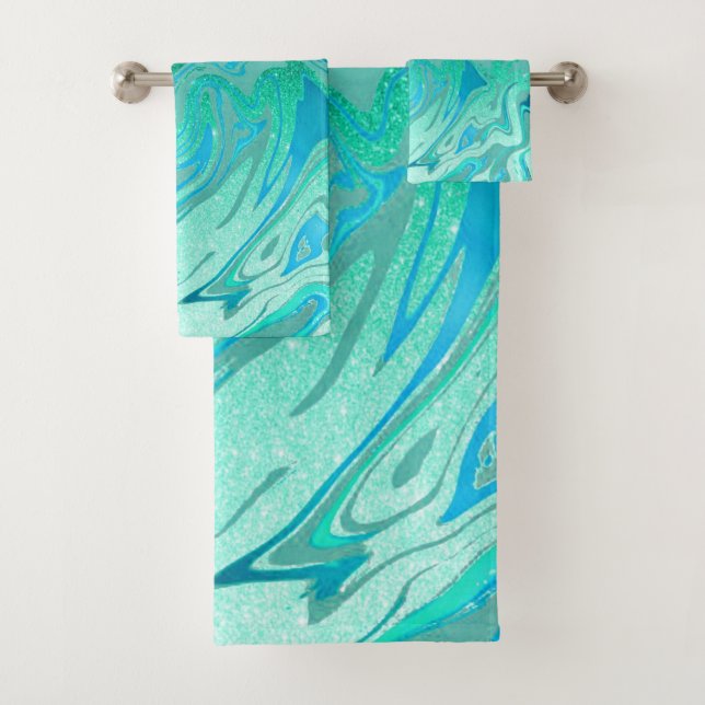 Teal glitter marble bath towel set (Insitu)