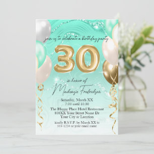 Teal Glitter Marble & Gold Balloons 30th Birthday Invitation