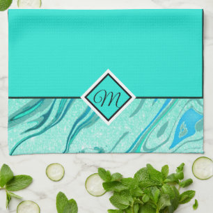 Teal glitter marble monogram kitchen towel