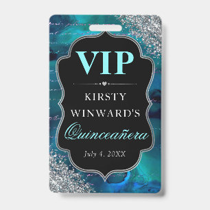 Teal Glitter Mermaid Letters Quinceanera VIP ID Badge