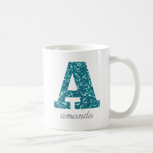 Teal Glitter Monogram A Personalised Mug