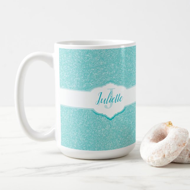 Teal Glitter Monogram Coffee Mug (With Donut)