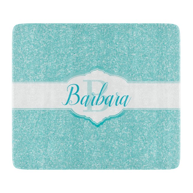 Teal Glitter Monogram Cutting Board (Front)