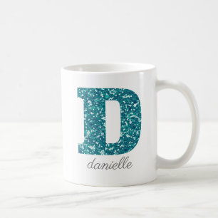 Teal Glitter Monogram D Personalised Coffee Mug