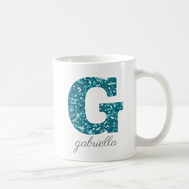 Teal Glitter Monogram G Personalised Mug (Right)