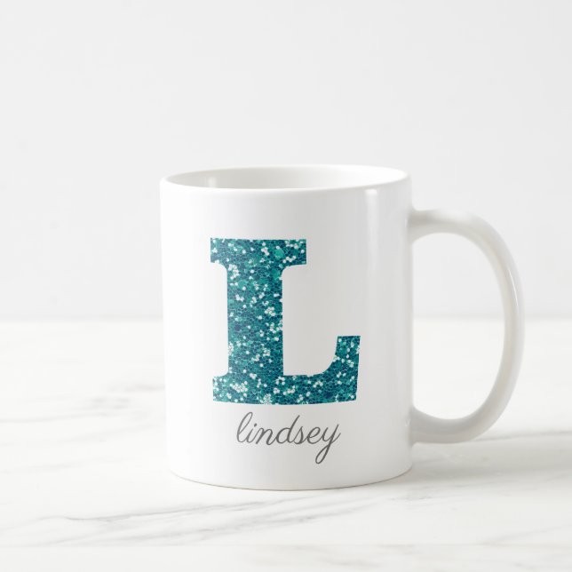 Teal Glitter Monogram L Personalised Mug (Right)