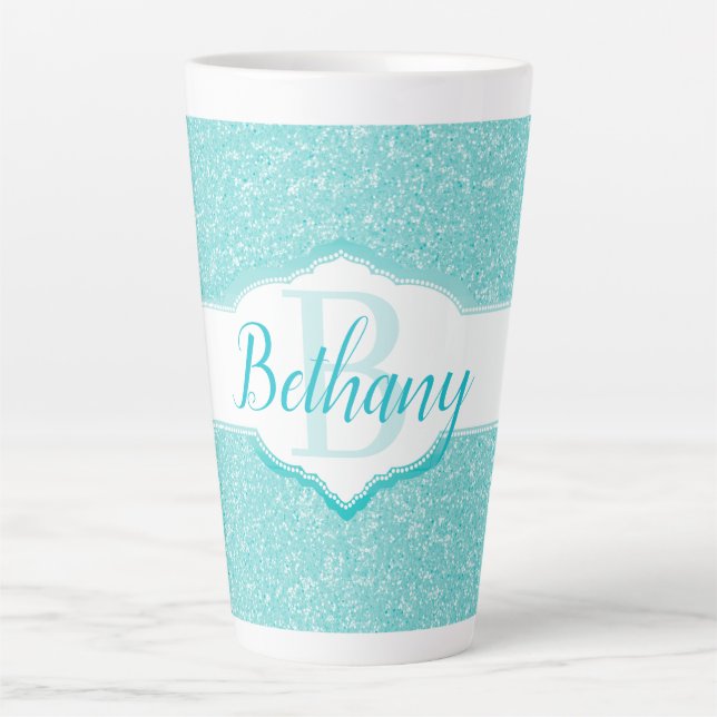 Teal Glitter Monogram Latte Mug (Front)