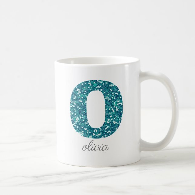 Teal Glitter Monogram O Personalised Mug (Right)