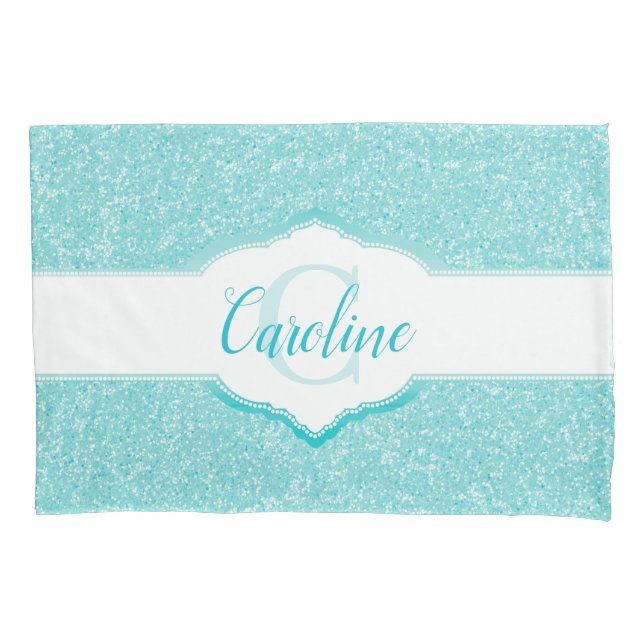 Teal Glitter Monogram Pillowcase (Front)
