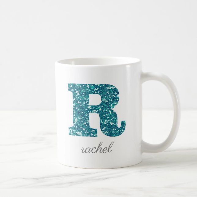 Teal Glitter Monogram R Personalised Mug (Right)