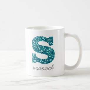 Teal Glitter Monogram S Personalised Mug
