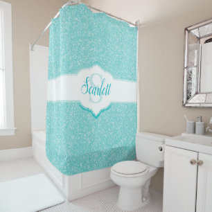 Teal Glitter Monogram Shower Curtain