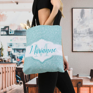 Teal Glitter Monogram Tote Bag