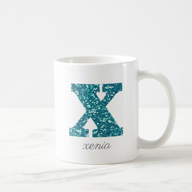 Teal Glitter Monogram X Personalised Mug (Right)