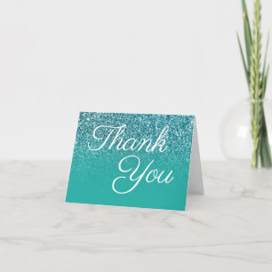 Teal Glitter Ombre Elegant Calligraphy Thank You Card