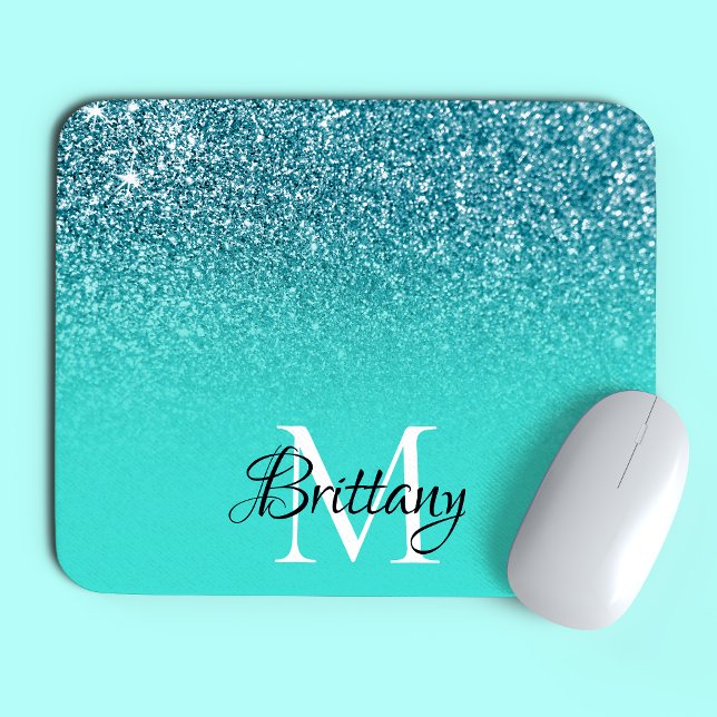 Teal Glitter Ombre Personalised Monogram Mouse Mat (Creator Uploaded)