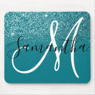 Teal Glitter Ombre Sparkle Monogram Mouse Mat