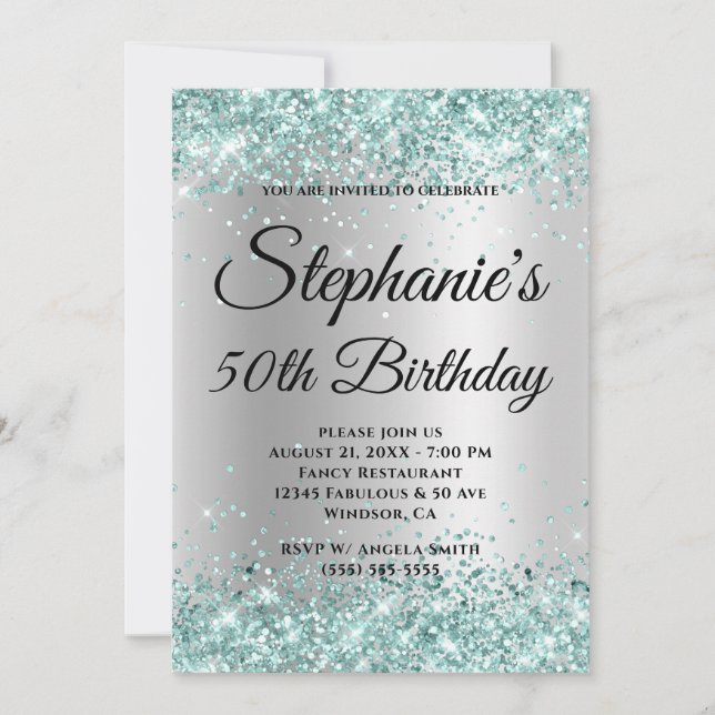 Teal Glitter Pale Silver Gradient Invitation (Front)