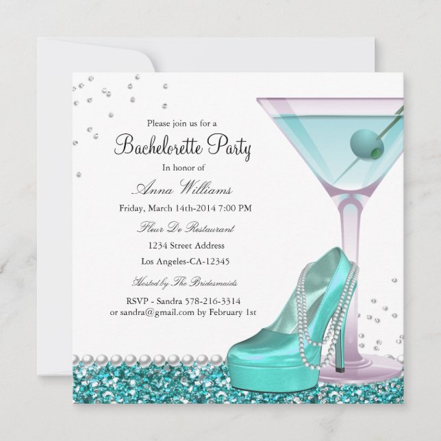 Teal Glitter Pearl Bachelorette Party Invite (Front)