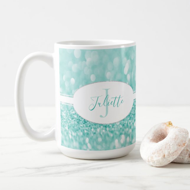 Teal Glitter Personalise Coffee Mug (With Donut)
