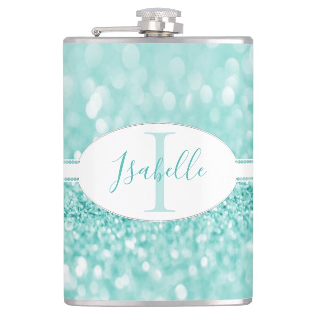 Teal Glitter Personalise Flask (Front)