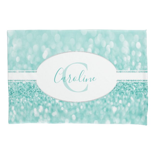 Teal Glitter Personalise Pillow Case (Front)