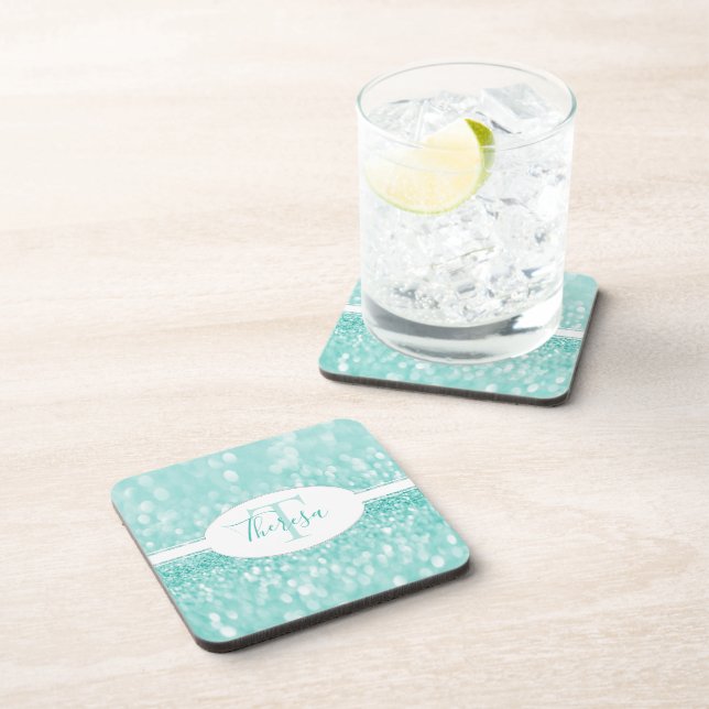 Teal Glitter Personalise Plastic Coaster (Right Side)