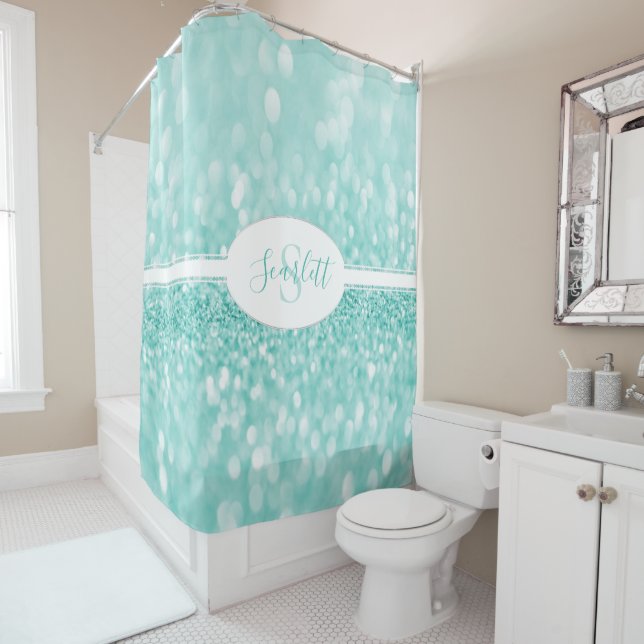 Teal Glitter Personalise Shower Curtain (In Situ)