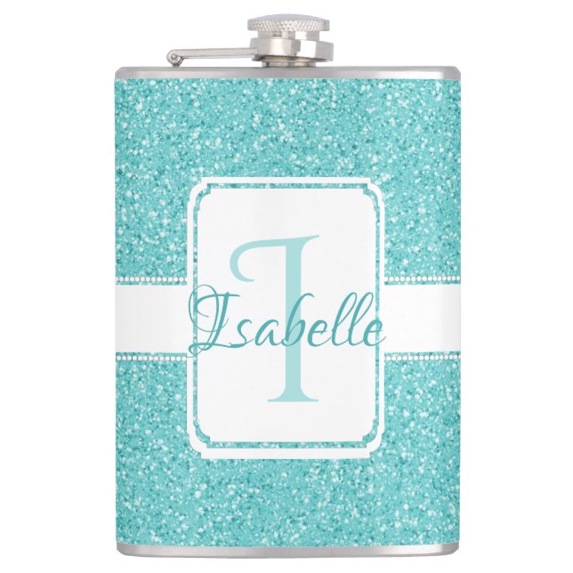 Teal Glitter Personalised Flask (Front)