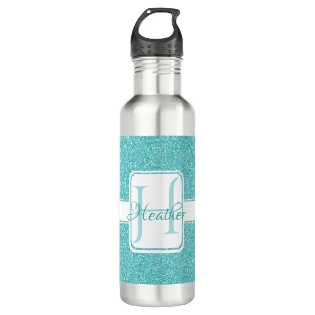 Teal Glitter Personalised Water Bottle (Front)