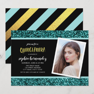 Teal Glitter Photo Quinceanera Invitation