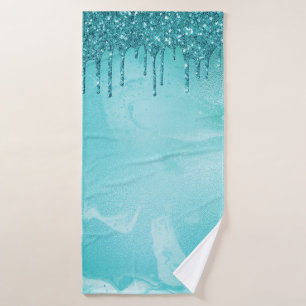 Teal Glitter Rain on Luxury Metal Marble Bath Towel Set