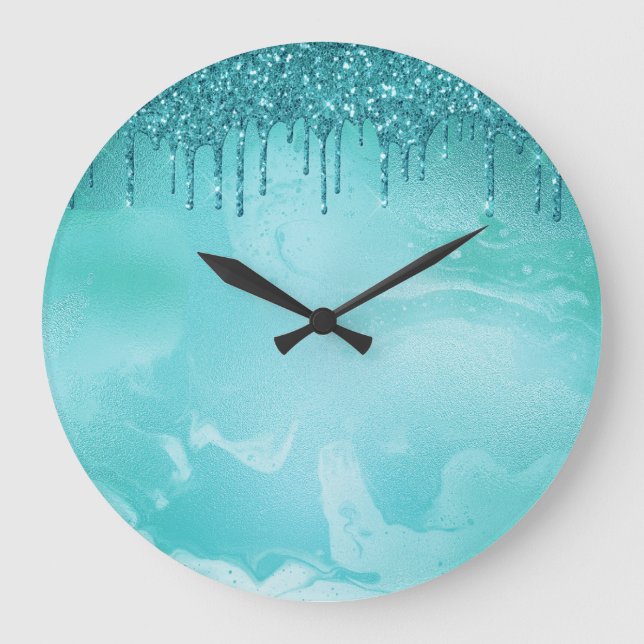 Teal Glitter Rain on Luxury Metal Marble Large Clock (Front)