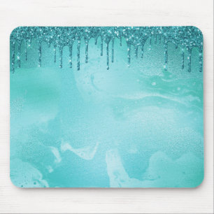 Teal Glitter Rain on Luxury Metal Marble Mouse Mat
