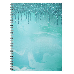 Teal Glitter Rain on Luxury Metal Marble Notebook